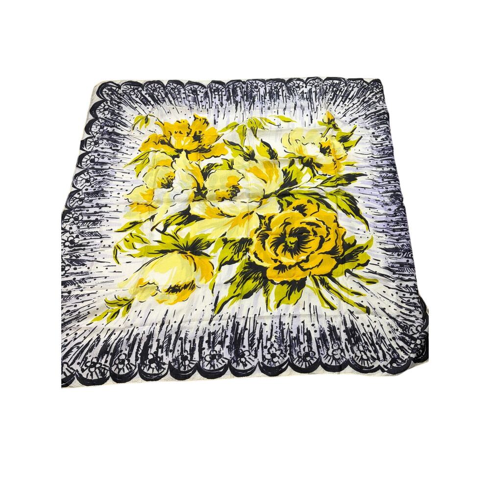 VTG white, black, yellow floral scarf. silk feel 32 x 35 pulled hem area vintage